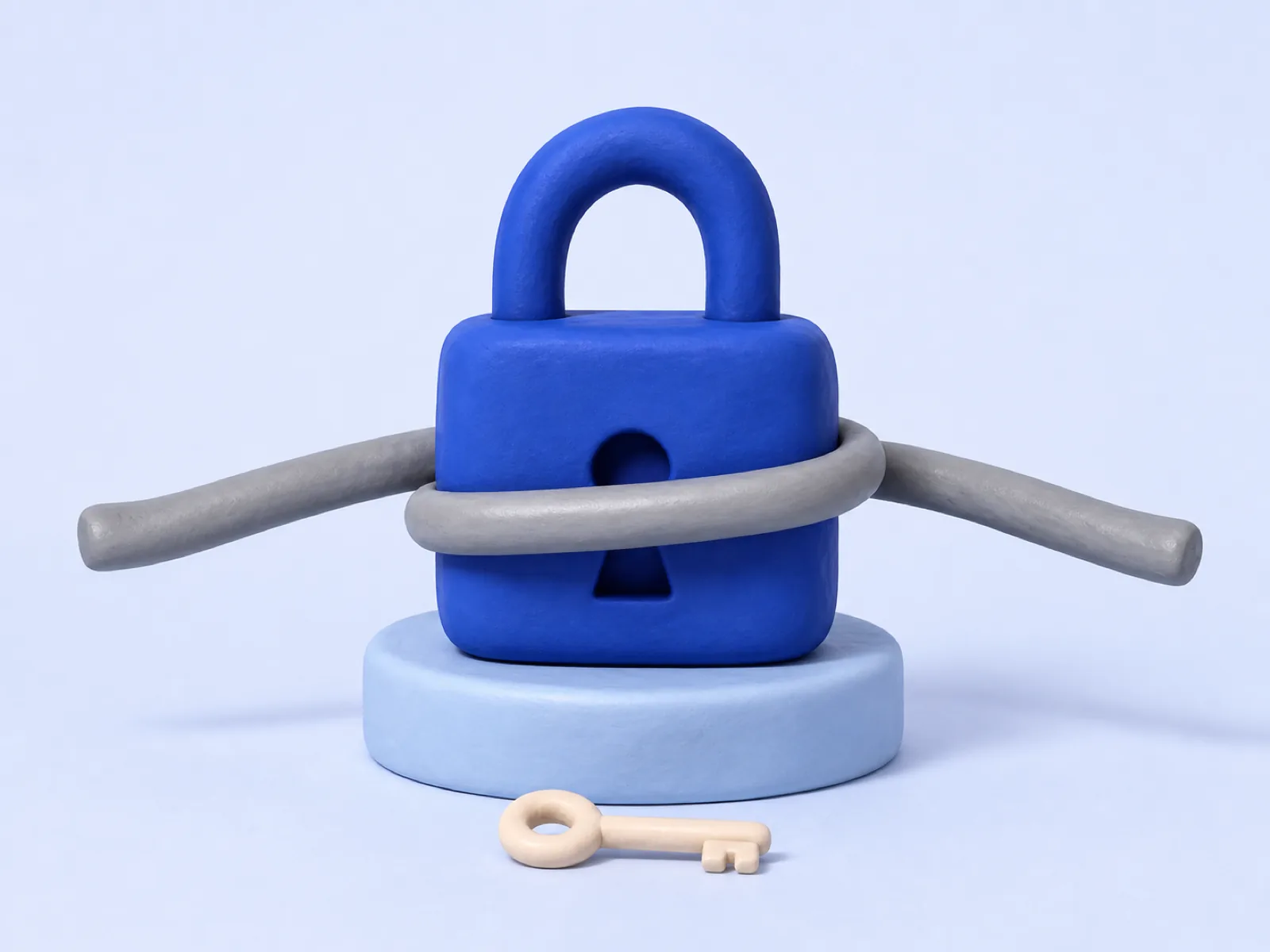 Clay model of a blue padlock with a cable passing through it and a small key