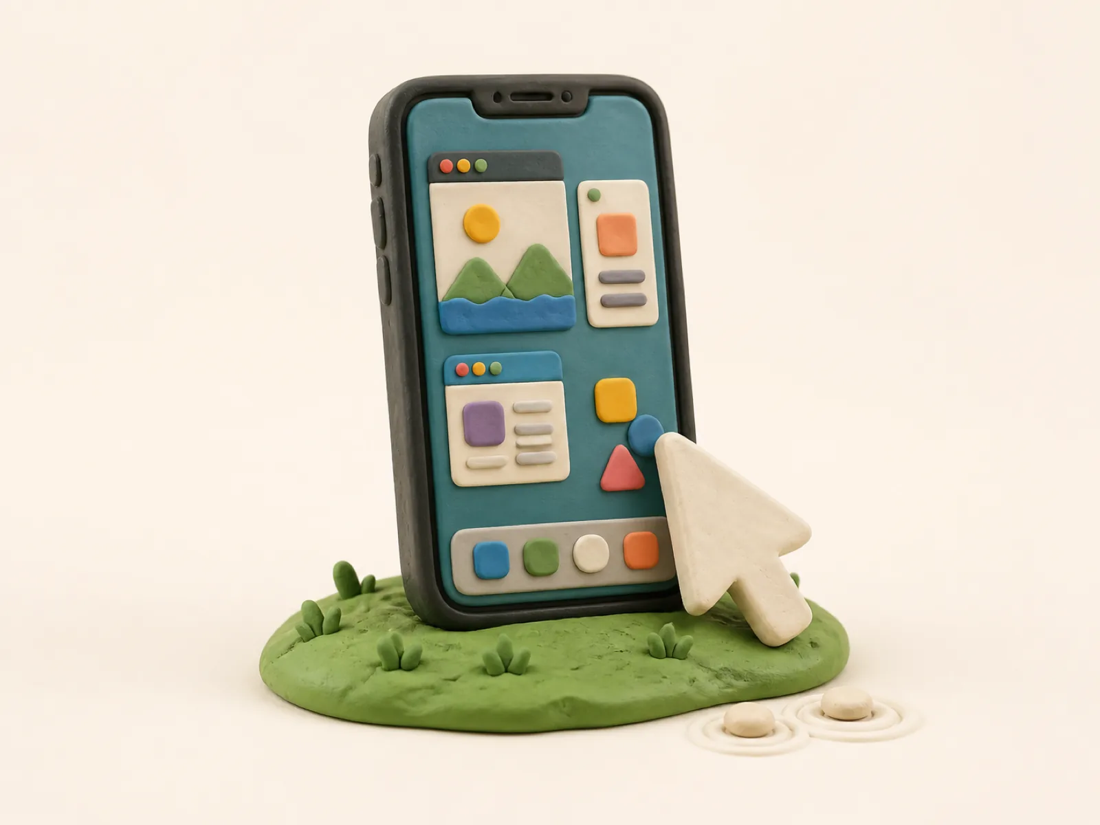 Clay model of a phone showing a desktop, with a large cursor leaning on it