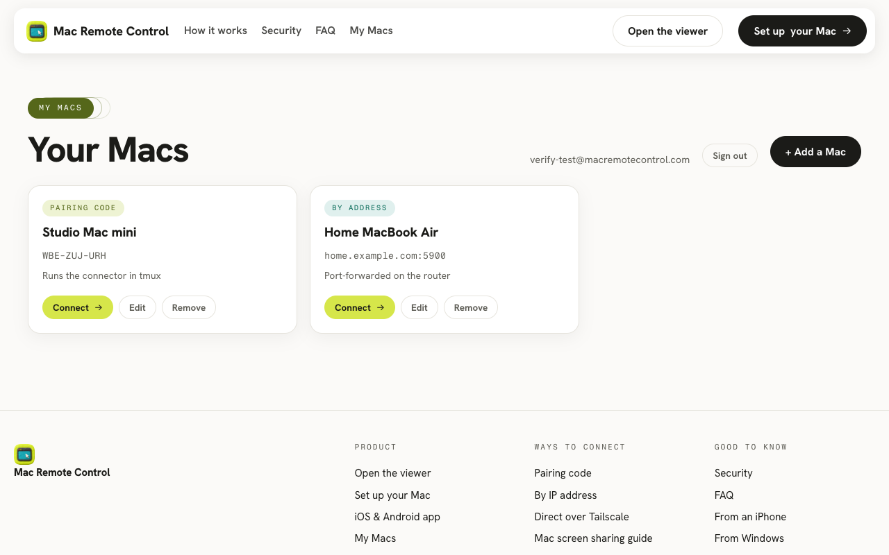 The saved-Macs dashboard with two Macs: one reached by pairing code, one by address, each with a Connect button