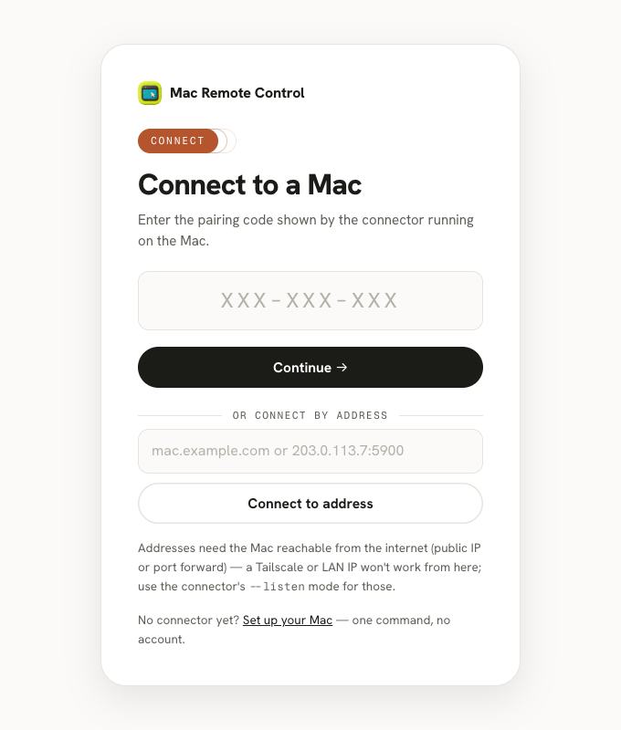 The client's connect screen with a pairing-code field and a connect-by-address field