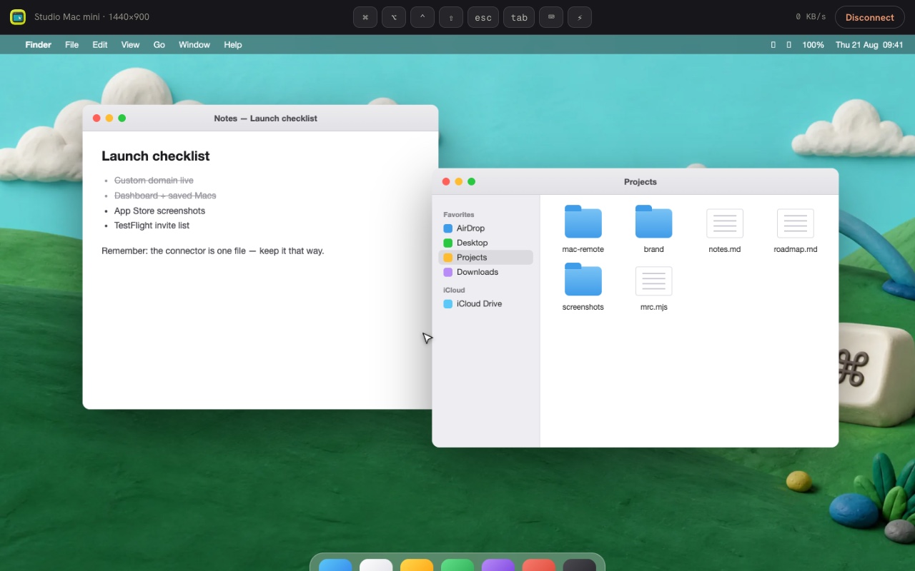 A remote Mac desktop running inside a browser tab, with the viewer's dark toolbar above it